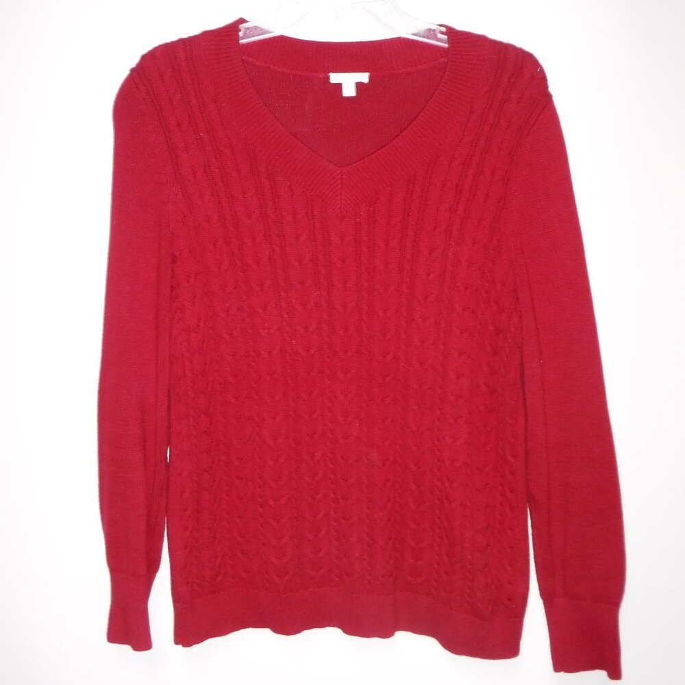 Talbots Ladies Red Cable Knit V-Neck Long Sleeve Sweater